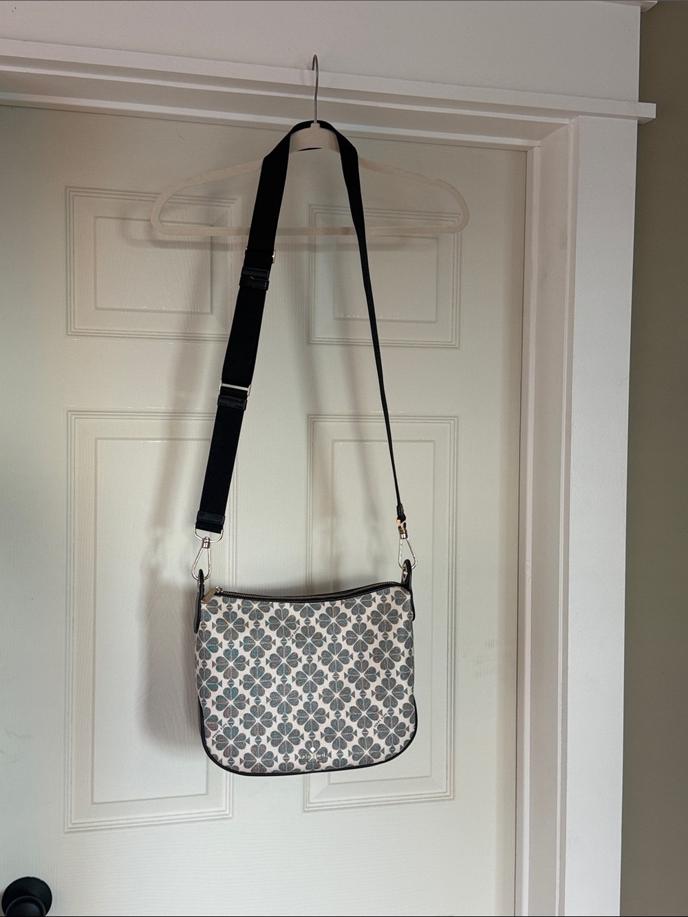 kate spade Cream and Gray Patterned Crossbody with Black Strap